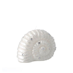 Small Nautilus glitter candle in white and silver by EDG, sculptural shell shape with festive shimmer