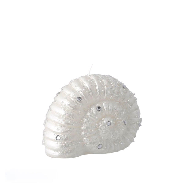 Small Nautilus glitter candle in white and silver by EDG, sculptural shell shape with festive shimmer