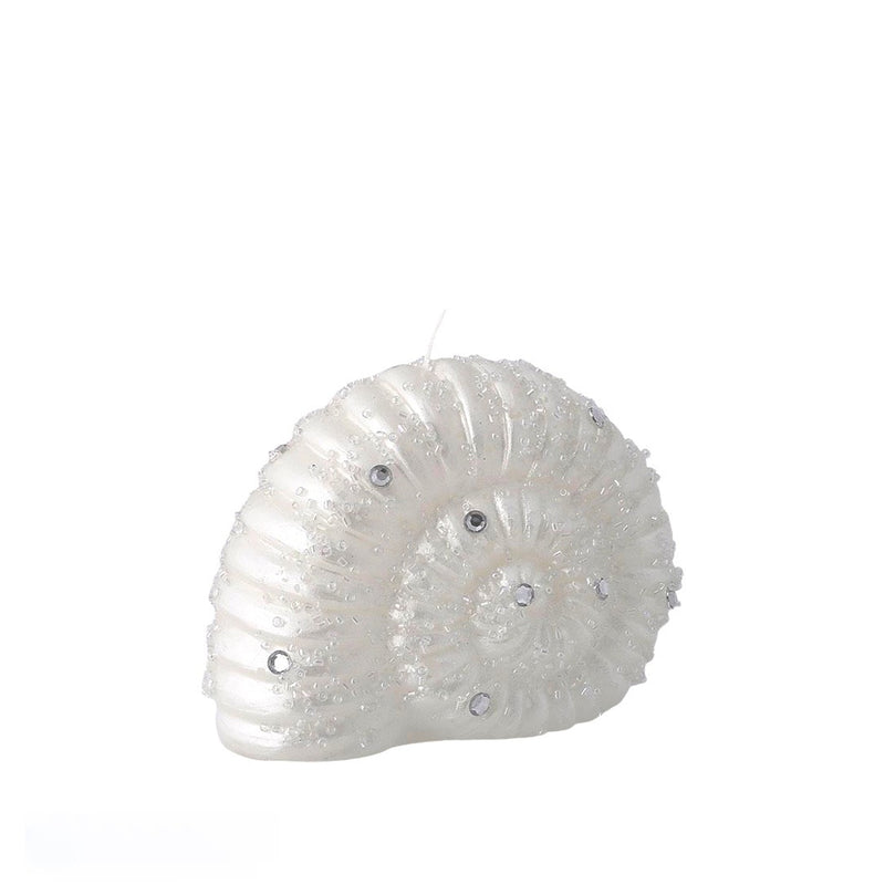 Small Nautilus glitter candle in white and silver by EDG, sculptural shell shape with festive shimmer