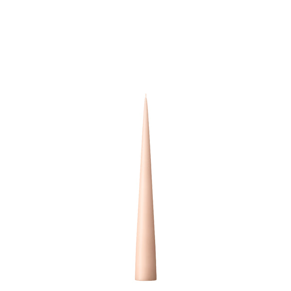 A self-standing cone candle in a nude matt color, 26cm in height, with a smooth and tapered shape designed to sit on various surfaces without a holder.