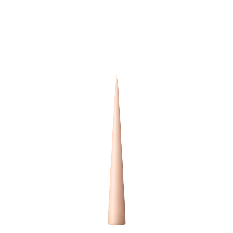 A self-standing cone candle in a nude matt color, 26cm in height, with a smooth and tapered shape designed to sit on various surfaces without a holder.