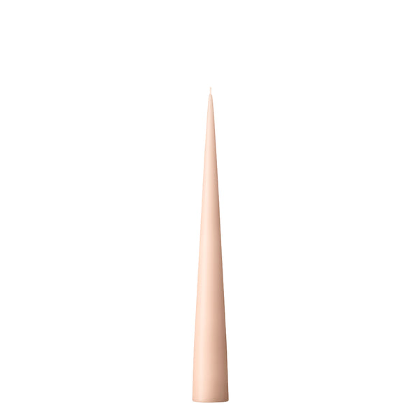 A self-standing cone candle in a nude matt color, with a smooth and tapered shape, designed to be placed on various surfaces without a holder.