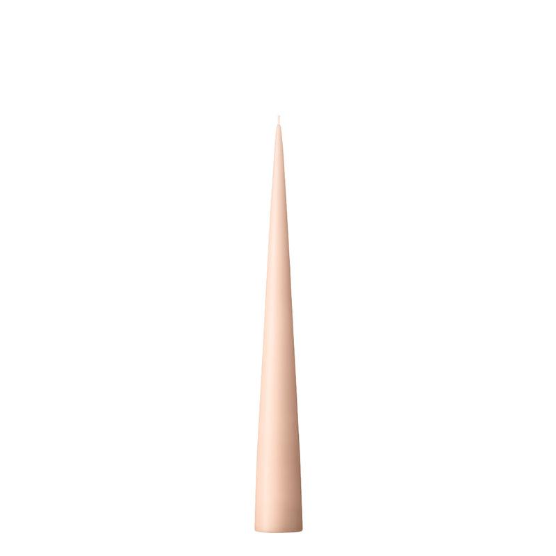 A self-standing cone candle in a nude matt color, with a smooth and tapered shape, designed to be placed on various surfaces without a holder.