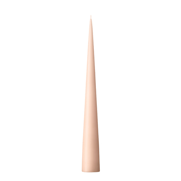 A self-standing cone candle in a nude matt color, with a smooth and tapered shape, designed to be placed on various surfaces without a holder.