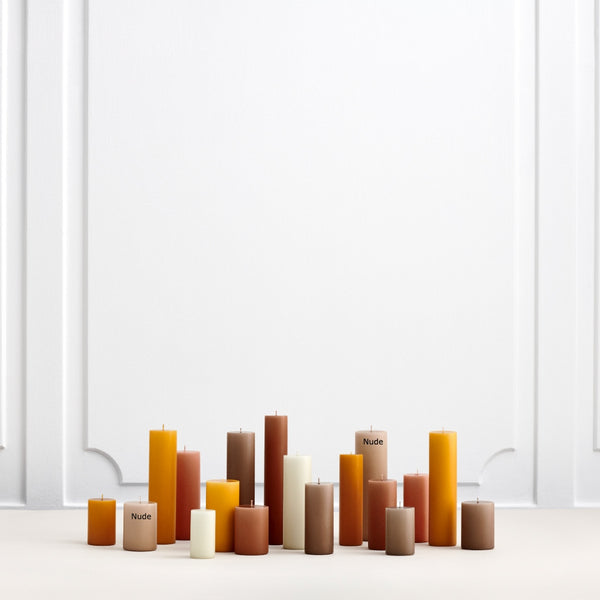 various colours and sizes showing Nude Matt pillar candle 15cm by Ester & Erik, handcrafted with velvety matte finish