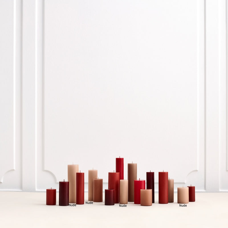 collection of different colour and size pillar candles and Nude Matt pillar candle 20cm by Ester & Erik with soft matte finish and clean silhouette