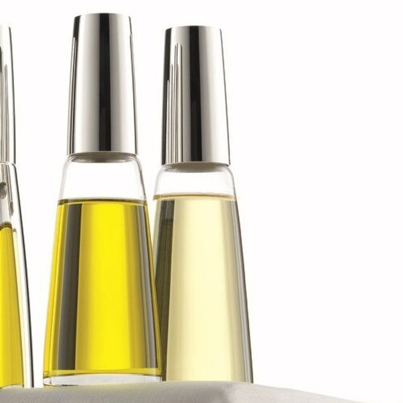 Close-up of the Oil and Vinegar Cruet Set Leon Silver-Plated by Robbe & Berking, contemporary German design with crystal bottles.