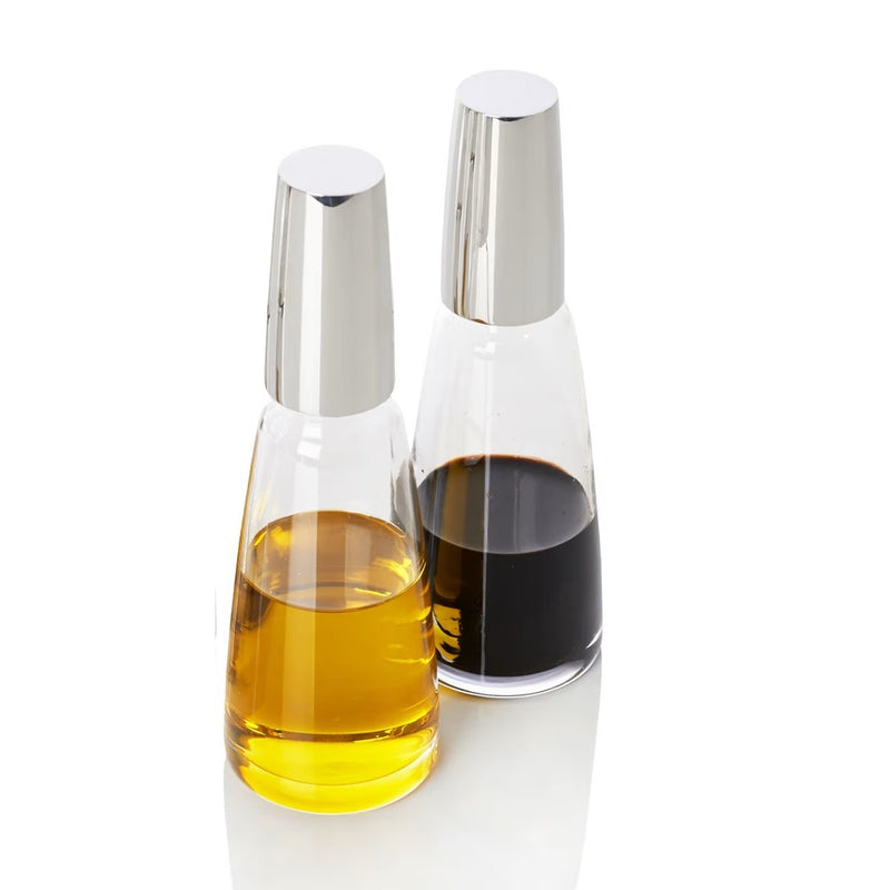 Styled Oil and Vinegar Cruet Set Leon Silver-Plated by Robbe & Berking, contemporary German design with crystal bottles.