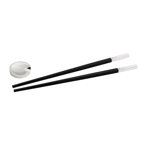 silver-plated chopstick set with ebony sticks and round holders by Ercuis