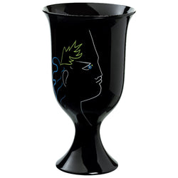 A black, footed Raynaud porcelain vase featuring a stylized illustration of Orpheus and Eurydice from Jean Cocteau's works.