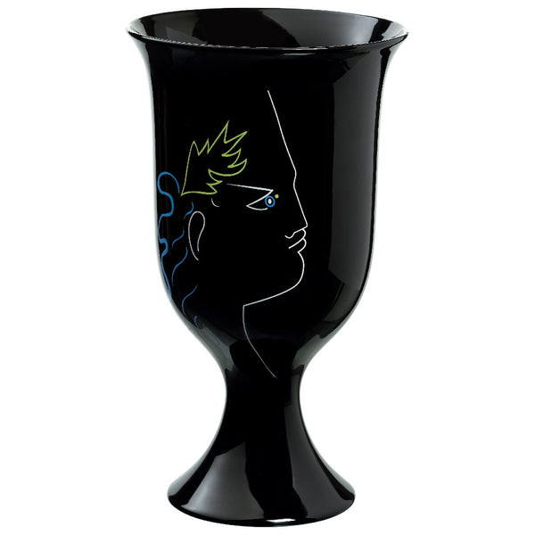 A black, footed Raynaud porcelain vase featuring a stylized illustration of Orpheus and Eurydice from Jean Cocteau's works.