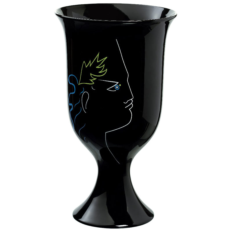 A black, footed Raynaud porcelain vase featuring a stylized illustration of Orpheus and Eurydice from Jean Cocteau's works.