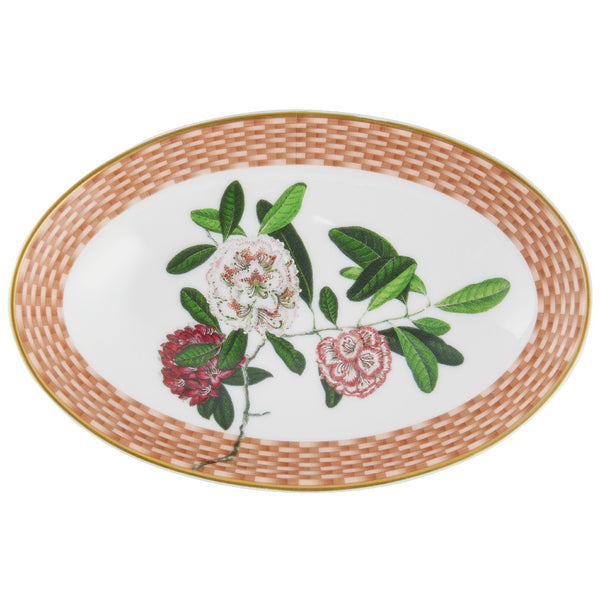 An oval-shaped deep serving platter with a floral pattern featuring rhododendrons, interspersed with beige and brown colors, and gold accents along the rim.