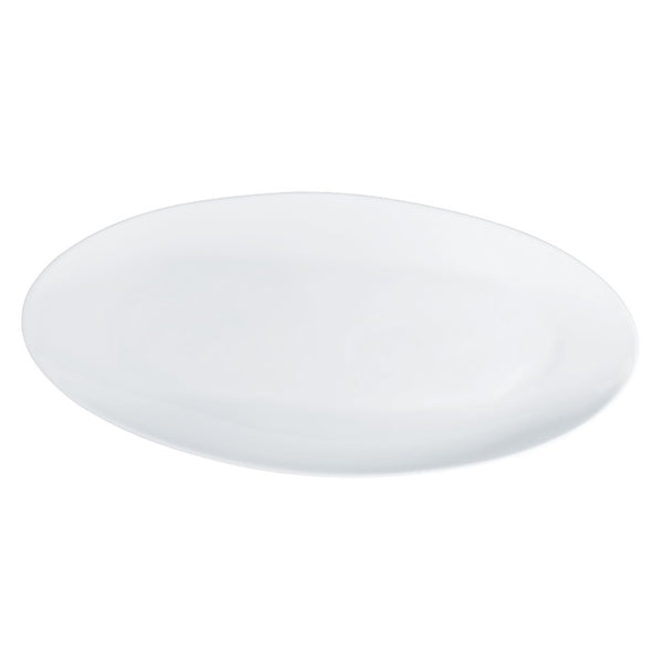 A white oval porcelain platter with a simple and elegant design.
