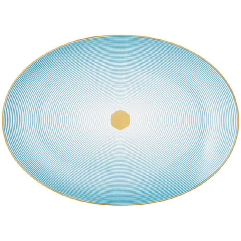 Oval Platter Aura by Raynaud in fine Limoges porcelain with golden rim and blue scalloped design.