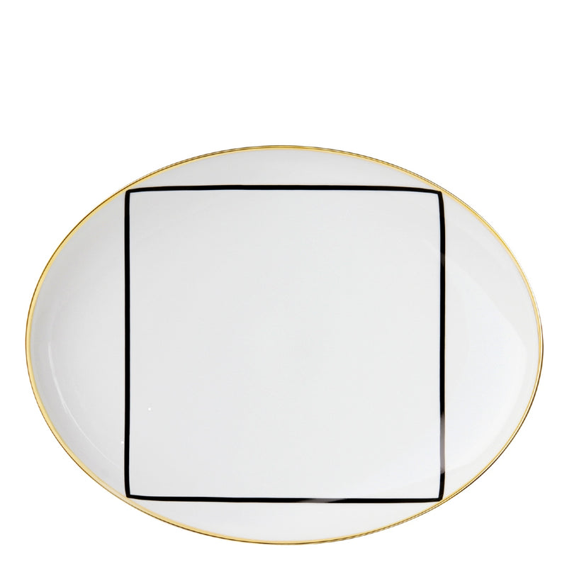 Porcelain oval coup shaped platter from my china ca d oro collection featuring black square motif and gold rim by sieger furstenberg