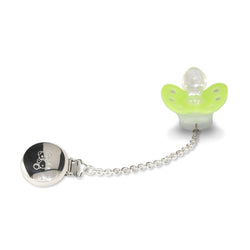 A sterling silver pacifier chain with a green pacifier attached, featuring an engraved 'Teddy' design on the chain.