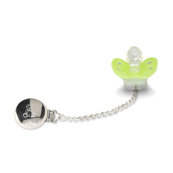 A sterling silver pacifier chain with a green pacifier attached, featuring an engraved 'Teddy' design on the chain.