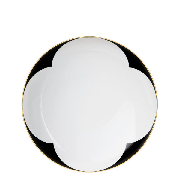 A porcelain coup shaped pasta plate from my china ca d oro collection with black and white pattern and gold rim by sieger furstenberg