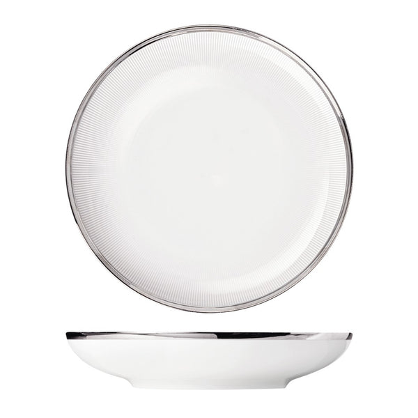 A white porcelain pasta plate with a textured edge and a shiny platinum finish in the center, displayed on a white background.