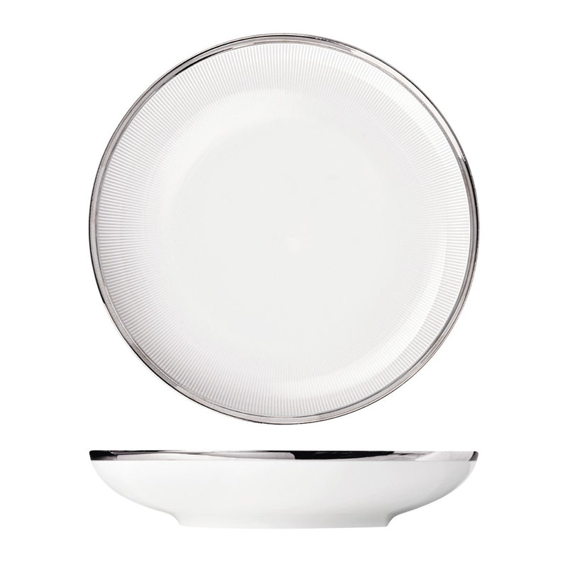 A white porcelain pasta plate with a textured edge and a shiny platinum finish in the center, displayed on a white background.
