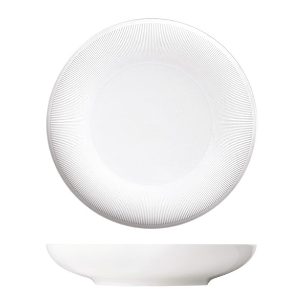 A white porcelain pasta plate with gentle relief lines, part of the STELLA series by Sieger by Furstenberg.