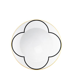 A porcelain pasta plate with rim from my china ca d oro collection featuring black geometric motif and gold edge by sieger furstenberg
