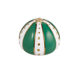 A Raynaud Cristobal Emerald pepper shaker with a white base color, featuring intensive green and gold accents and a textured coral-like pattern on top.