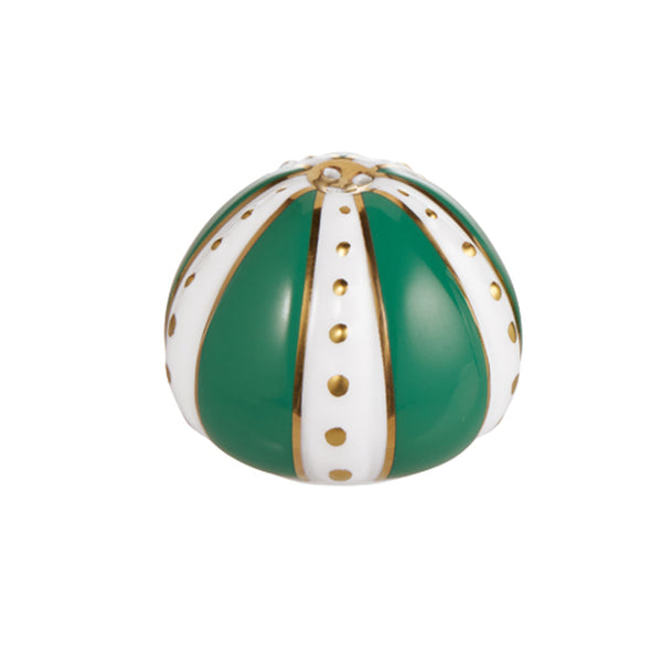 A Raynaud Cristobal Emerald pepper shaker with a white base color, featuring intensive green and gold accents and a textured coral-like pattern on top.