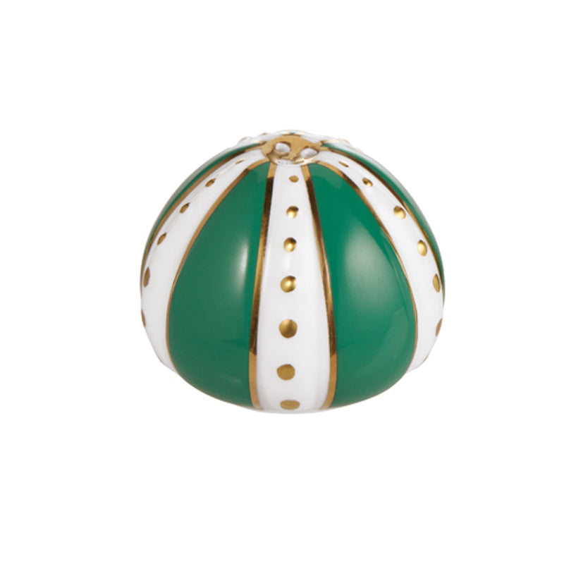 A Raynaud Cristobal Emerald pepper shaker with a white base color, featuring intensive green and gold accents and a textured coral-like pattern on top.