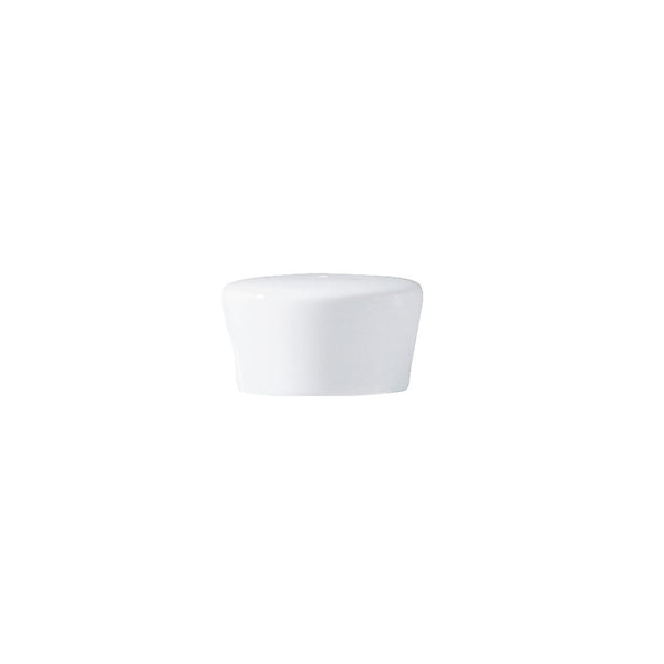 A white porcelain pepper shaker with a wide rim and simple design.