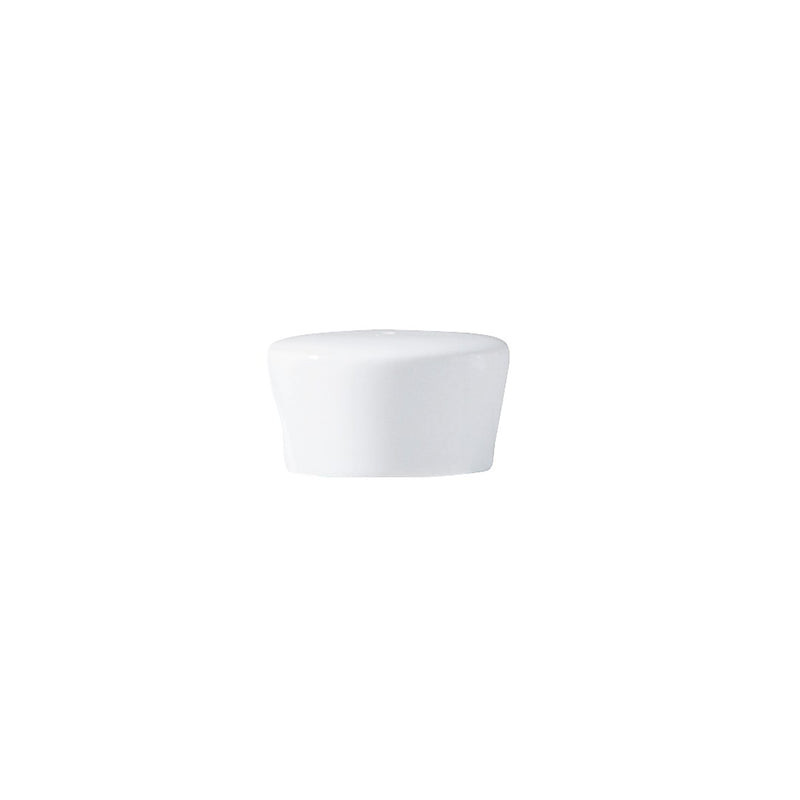 A white porcelain pepper shaker with a wide rim and simple design.