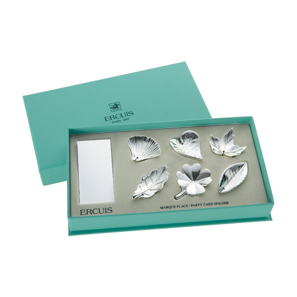 silver-plated leaf place card holders set of six by Ercuis presented in a gift box