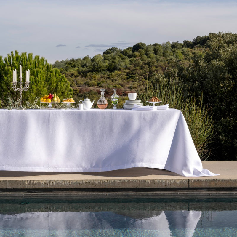 Long table with a white tablecloth by a pool with forest in the background