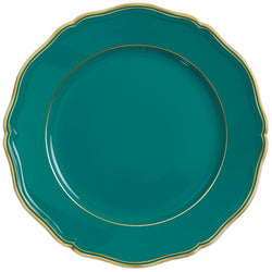 A round, turquoise blue and gold porcelain presentation plate with scalloped edges and gilded contour.