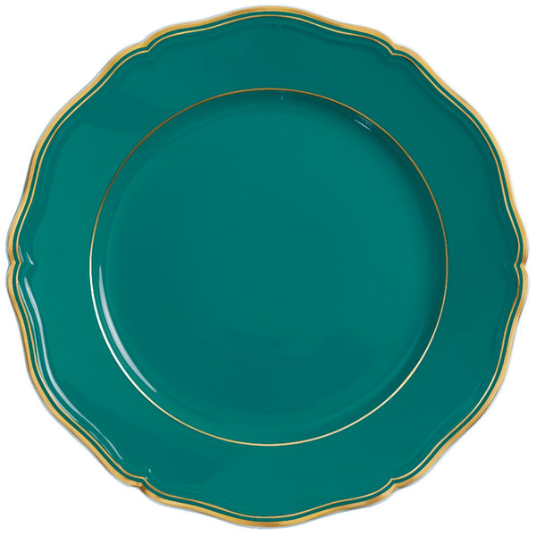 A round, turquoise blue and gold porcelain presentation plate with scalloped edges and gilded contour.