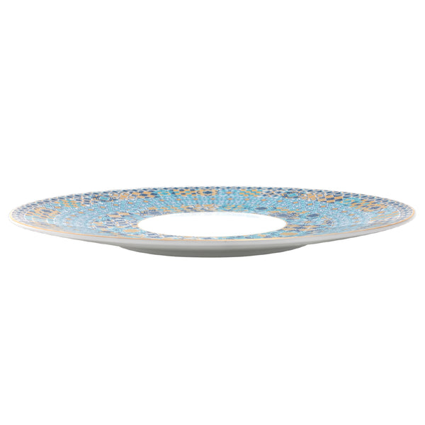 side view of the Presentation Plate Portofino by Haviland in fine Limoges porcelain with golden and blue Mediterranean mosaic-inspired design.