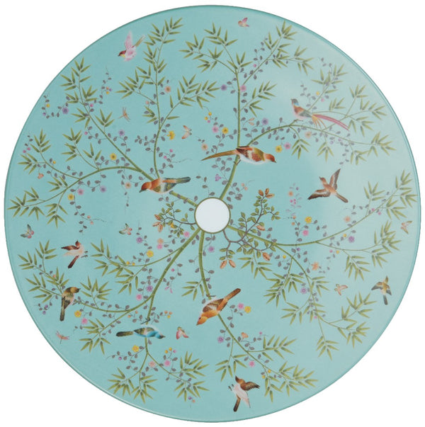 turquoise plate featuring birds and flowers design