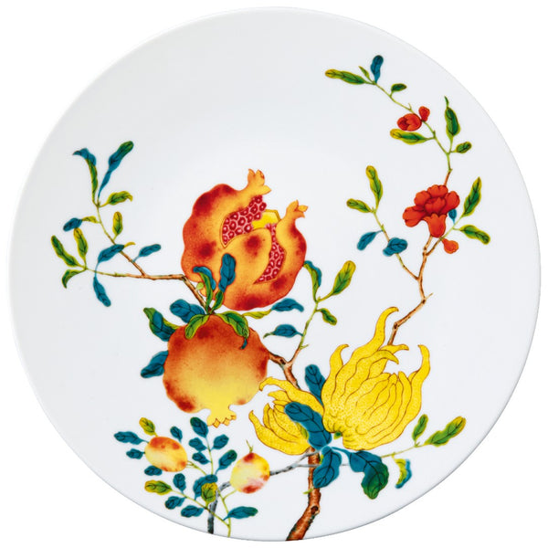 Harmonia presentation plate white background luxury porcelain with Chinese imperial inspired fruit and floral motifs by Raynaud