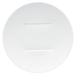 A white square porcelain center plate with a simple geometric shape in the center.