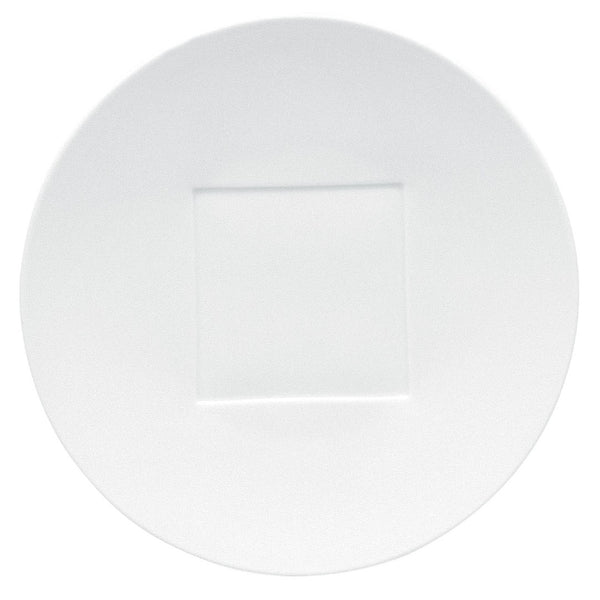 A white square porcelain center plate with a simple geometric shape in the center.