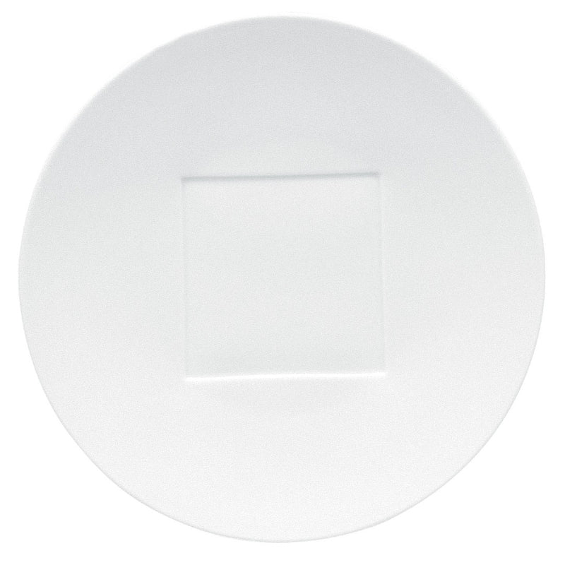 A white square porcelain center plate with a simple geometric shape in the center.