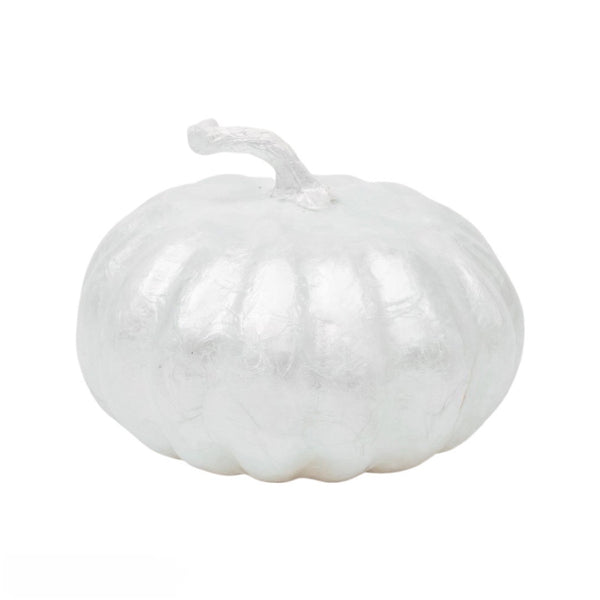 A small white capiz pumpkin-shaped decoration with a smooth, glossy finish.