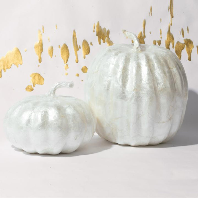 2 white capiz pumpkins on a white background with specs of gold