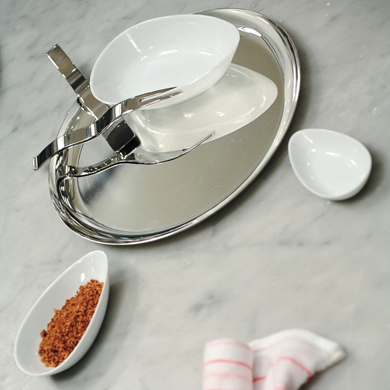 styled Hommage 12cm quenelle dish by Raynaud, fine porcelain handcrafted in France