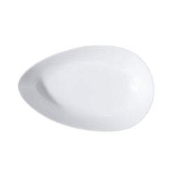 A white, round porcelain dish with a gentle curve, known as a Quenelle dish, with no visible contents or pattern.