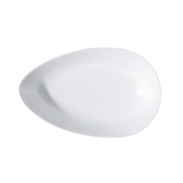 A white, round porcelain dish with a gentle curve, known as a Quenelle dish, with no visible contents or pattern.
