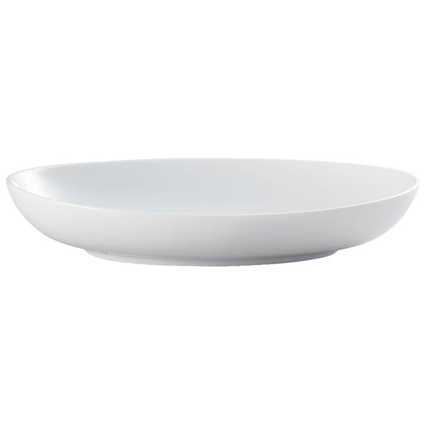 A white, round porcelain dish with a smooth and elegant surface.