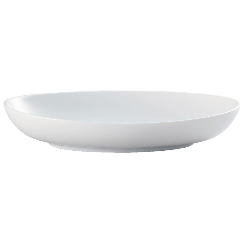 A white, round porcelain dish with a smooth and elegant surface.