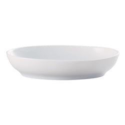 A white porcelain serving dish with an oval shape and smooth, elegant contours.